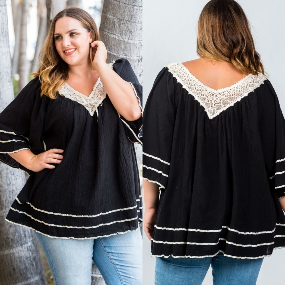 🖤PLUS Boho Crochet Vneck Black & Ivory Tunic Top